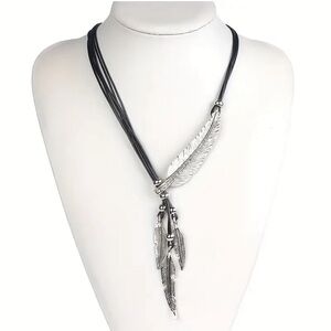 Feather Necklace Vintage Silver Tone Rhinestones Faux Leather